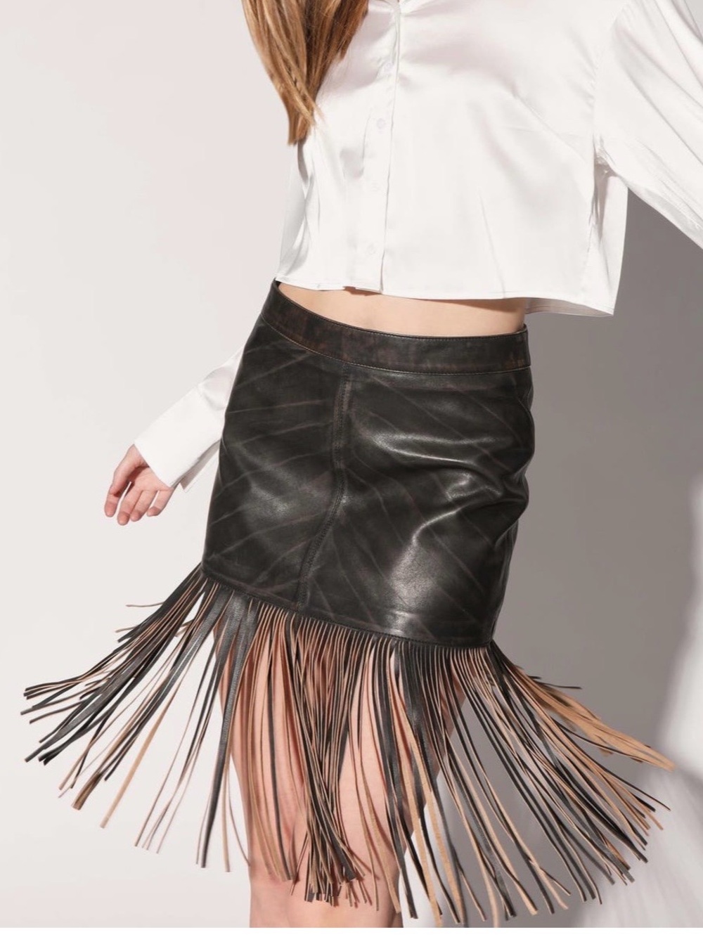 NWT Walter Baker Sabrina Genuine Leather Fringe Skirt Black Beige Size 8